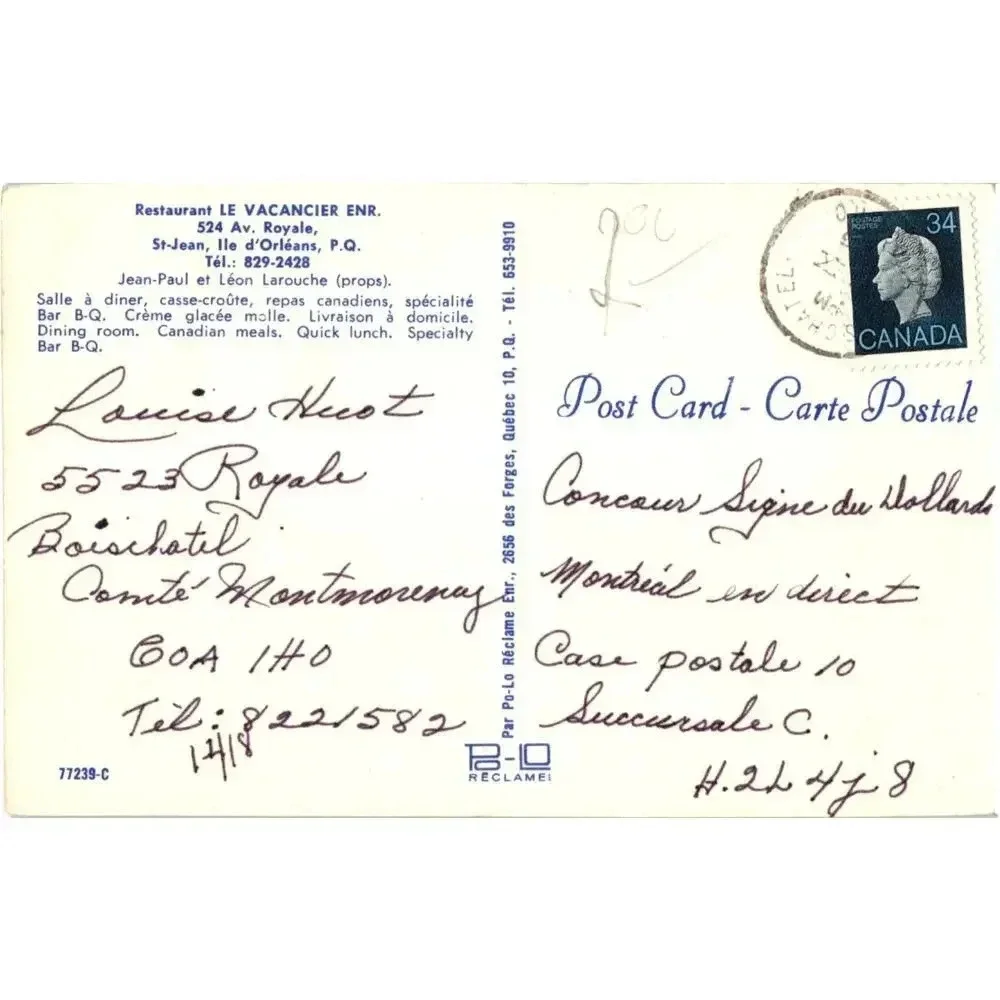 Restaurant Le Vacancier Enr. 524 Av. Royale, St-Jean, Ile D'orléans P.Q Postcard